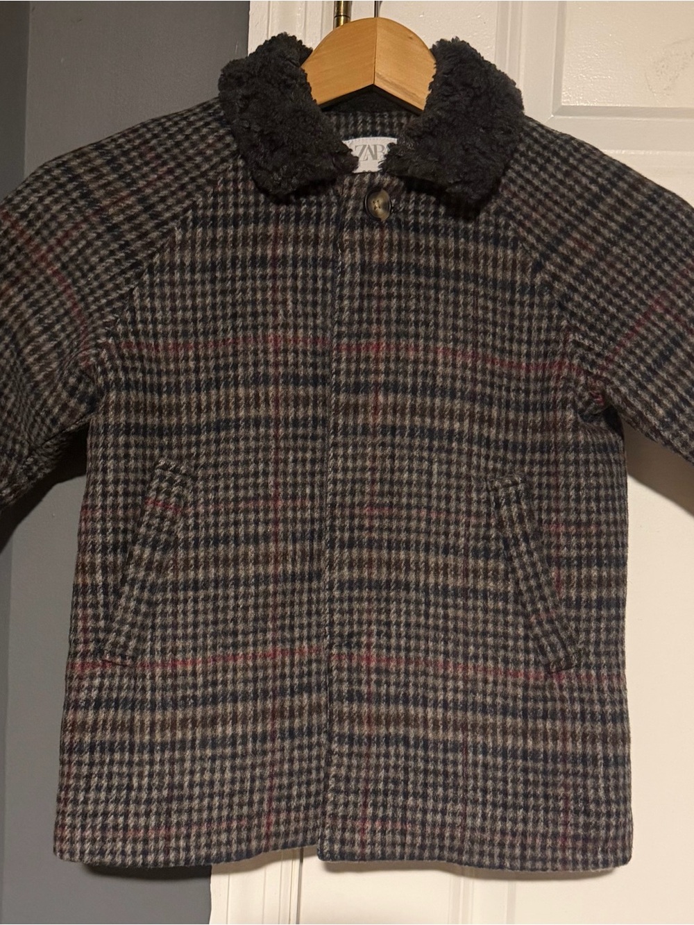 Zara Brown and Cream Check Wool Jacket with Dark Shearling Trim.  See pictures